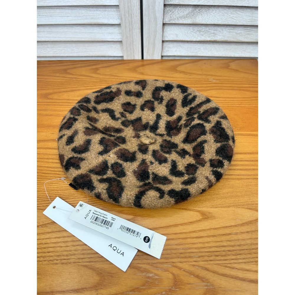 AQUA Leopard Print Beret O/S Brown Womens Wool Blend Fall Winter Hat